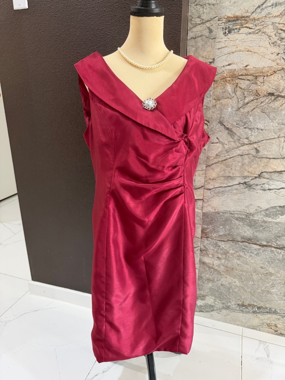 Evan Picone Burgundy Satin Sheath Dress with Brooch Accent